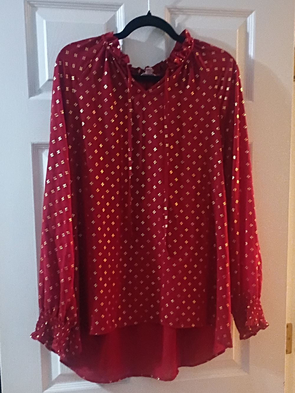 Time and Tru Red Blouse with Gold Metallic Dot Print